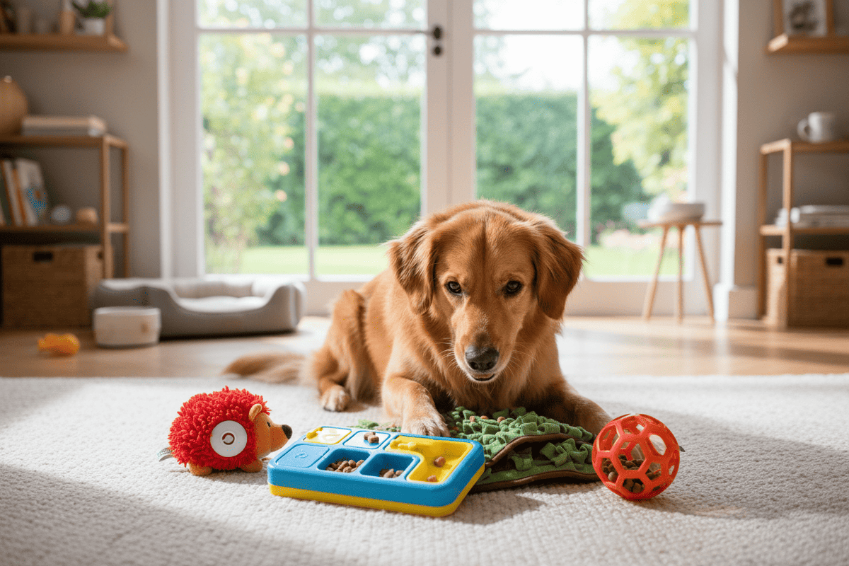 Golden retriever playing with puzzle toys and treats for an interactive dog toys guide at home