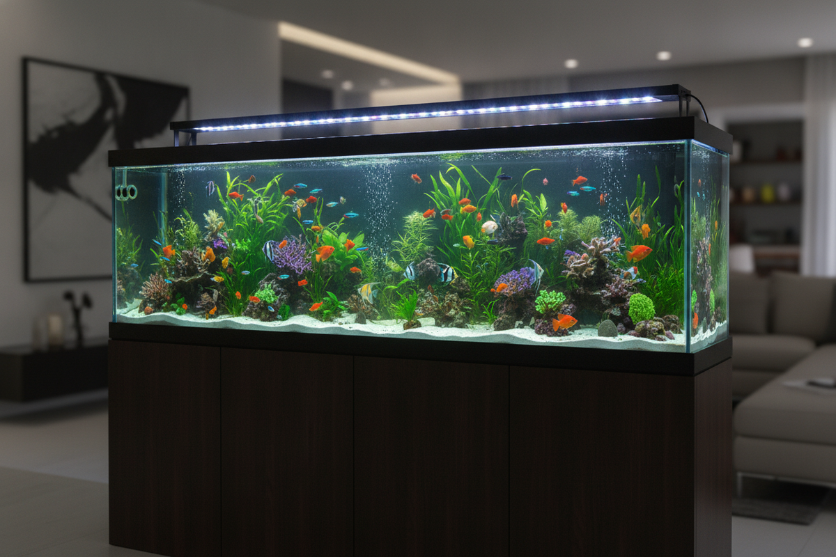 Bright 72 inch aquarium light illuminating a large planted fish tank in a modern living room setup