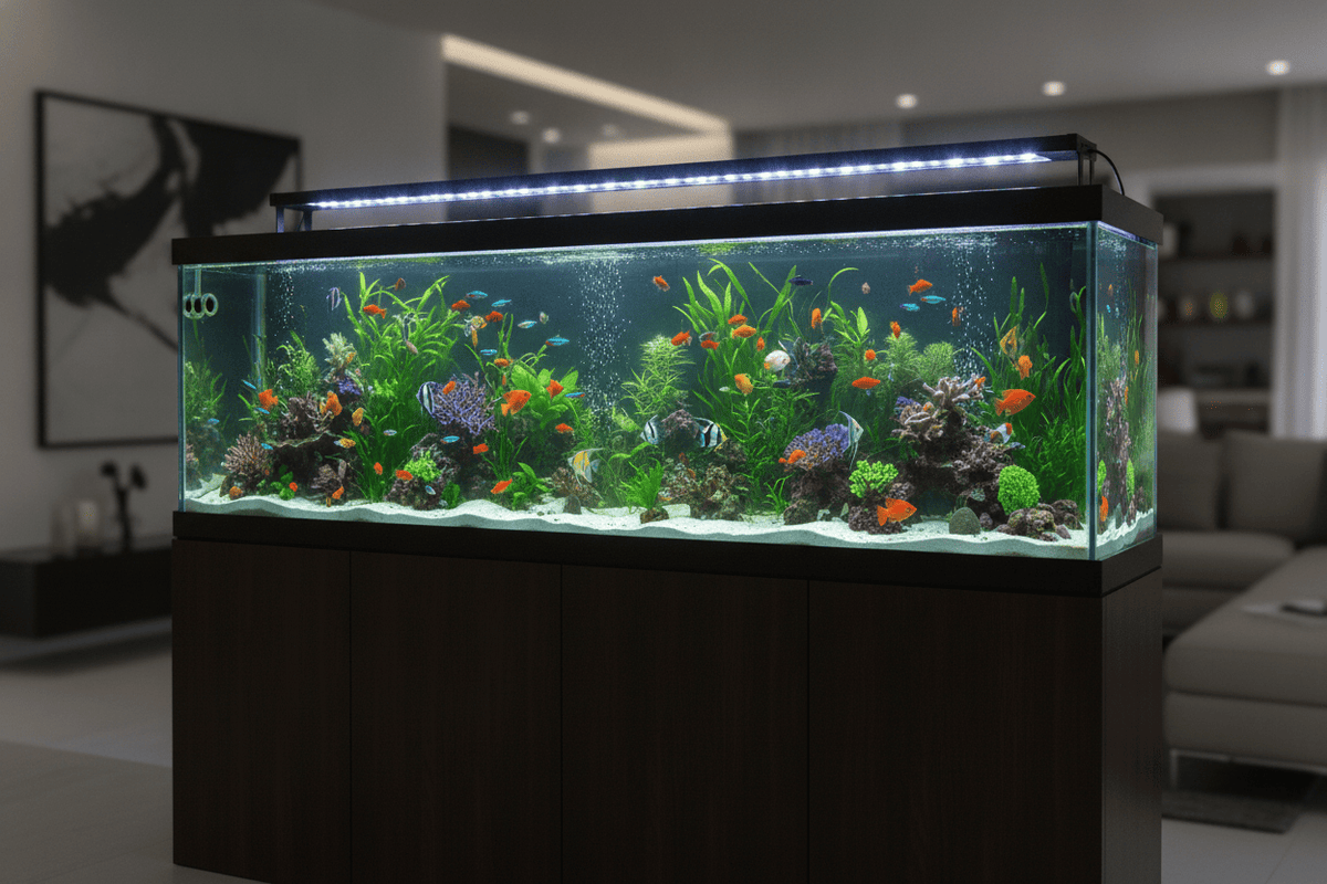 Bright 72 inch aquarium light illuminating a large planted fish tank in a modern living room setup