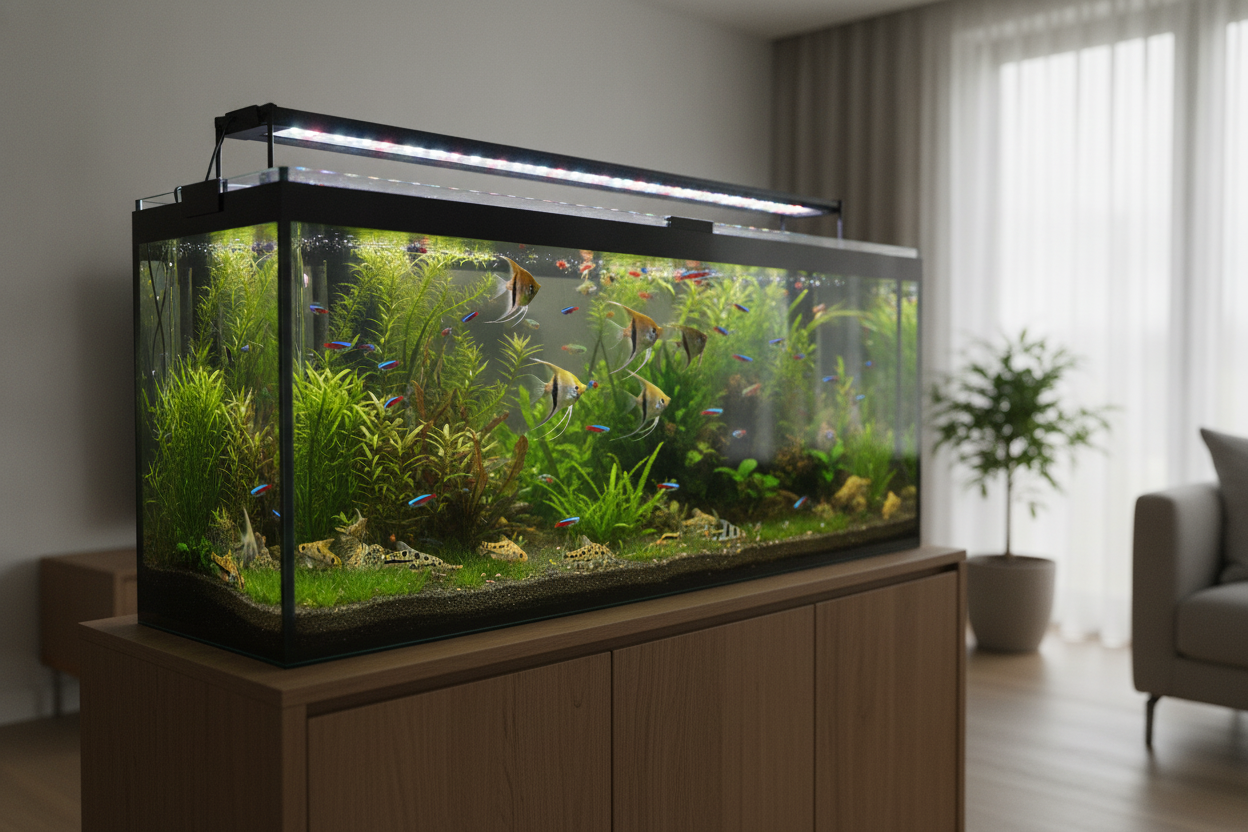 Large freshwater tank with vibrant plants and fish illuminated by a 72 inch aquarium light for healthy aquatic life