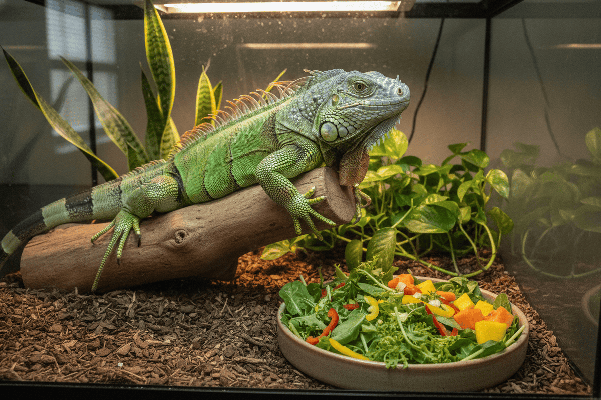 Adult iguana diet featuring fresh greens, vegetables, and fruits in a naturalistic reptile habitat