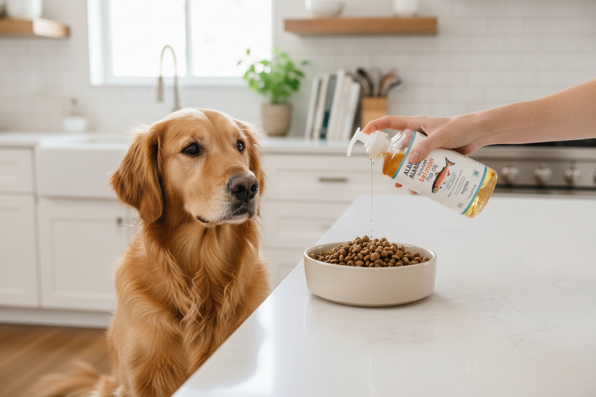 Dog food topped with alaska naturals wild alaskan salmon fish oil supplement for healthy skin and coat