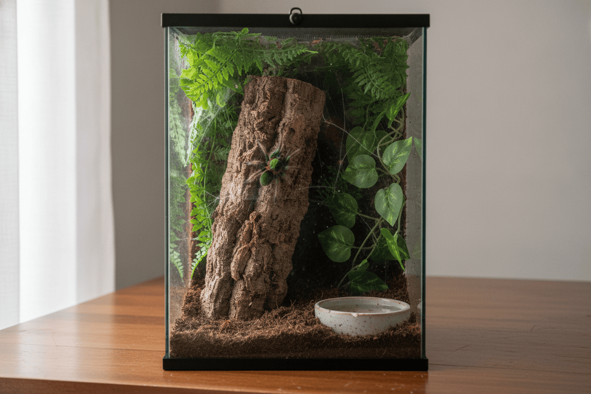 Naturalistic arboreal tarantula enclosures with climbing branches and lush plants for healthy spider habitats