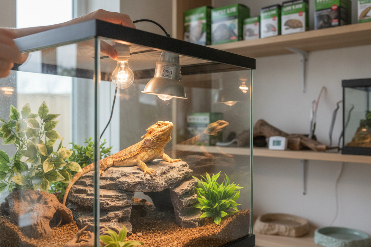 Changing a reptile light bulb in a terrarium setup showing how to replace a light switch safely