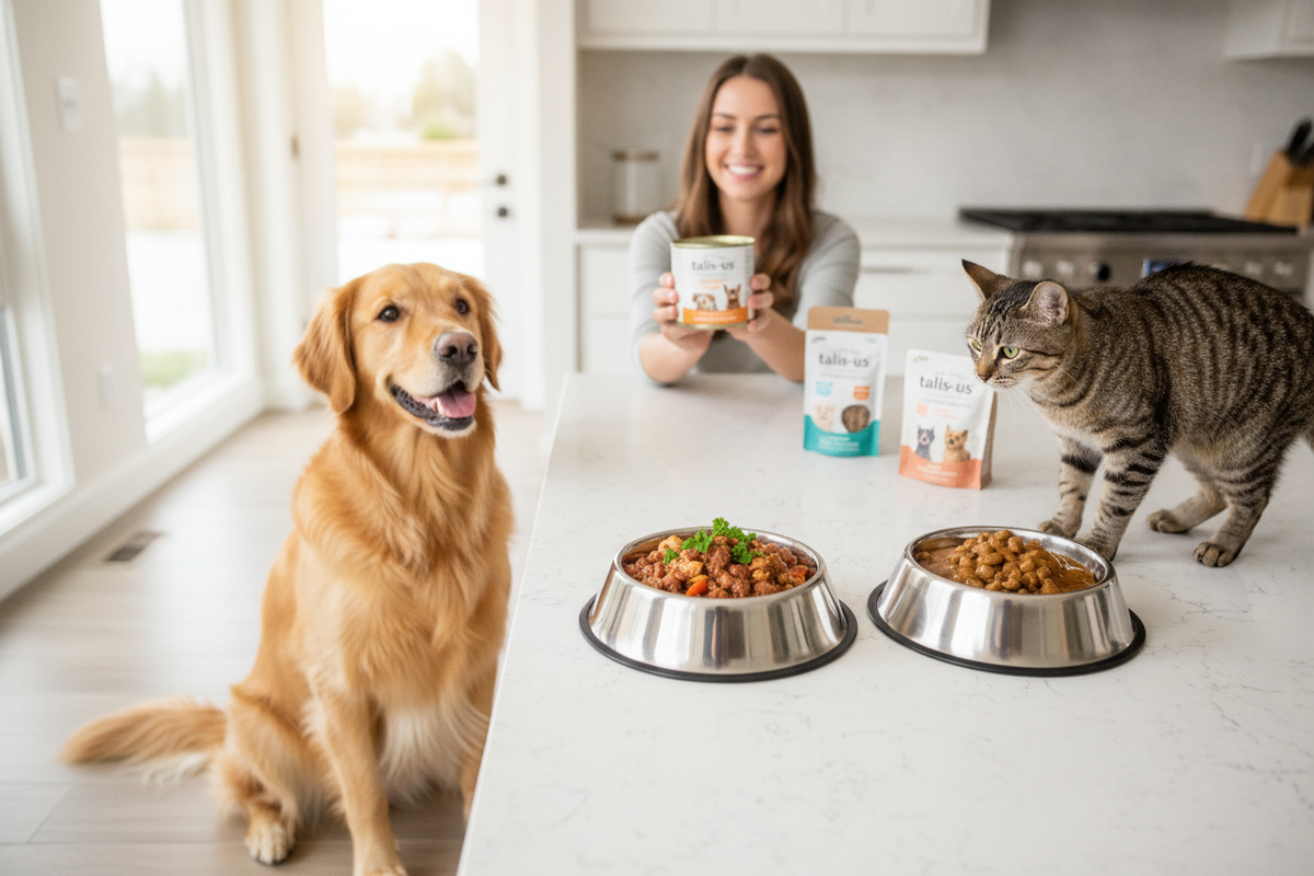 Happy dog and cat enjoy talis-us wet food and treats in a bright kitchen setting