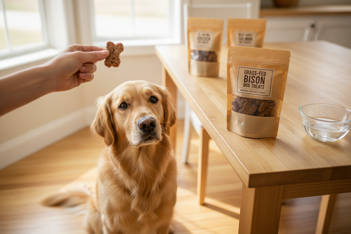 Golden retriever waiting for a bison dog treat, highlighting bison dog treats benefits for healthy rewards