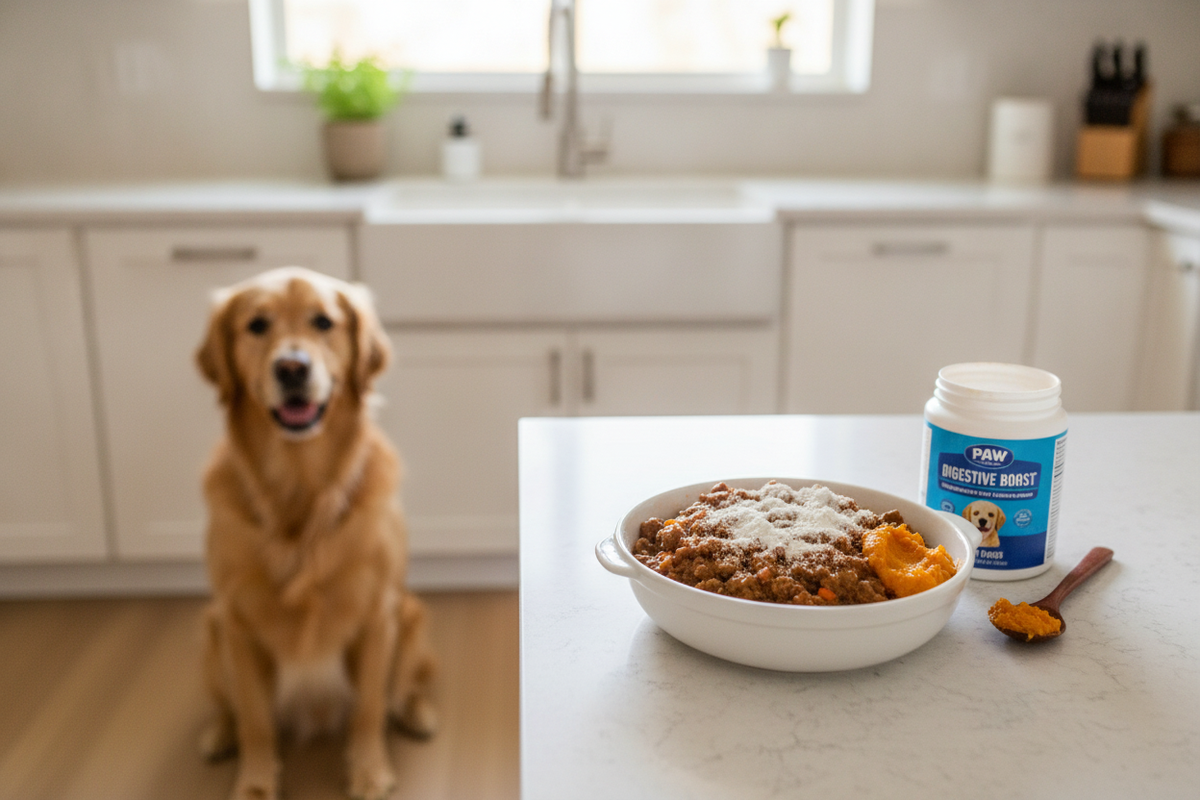 Golden retriever waiting for wet dog food topped with digestive enzymes for dogs in a bright kitchen