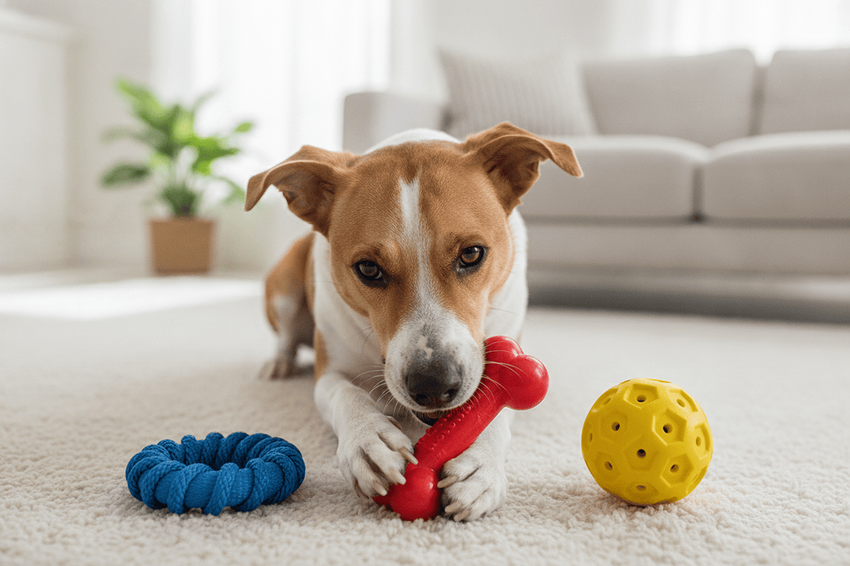 Playful dog enjoying durable squeaky dog toys for long-lasting fun and active playtime