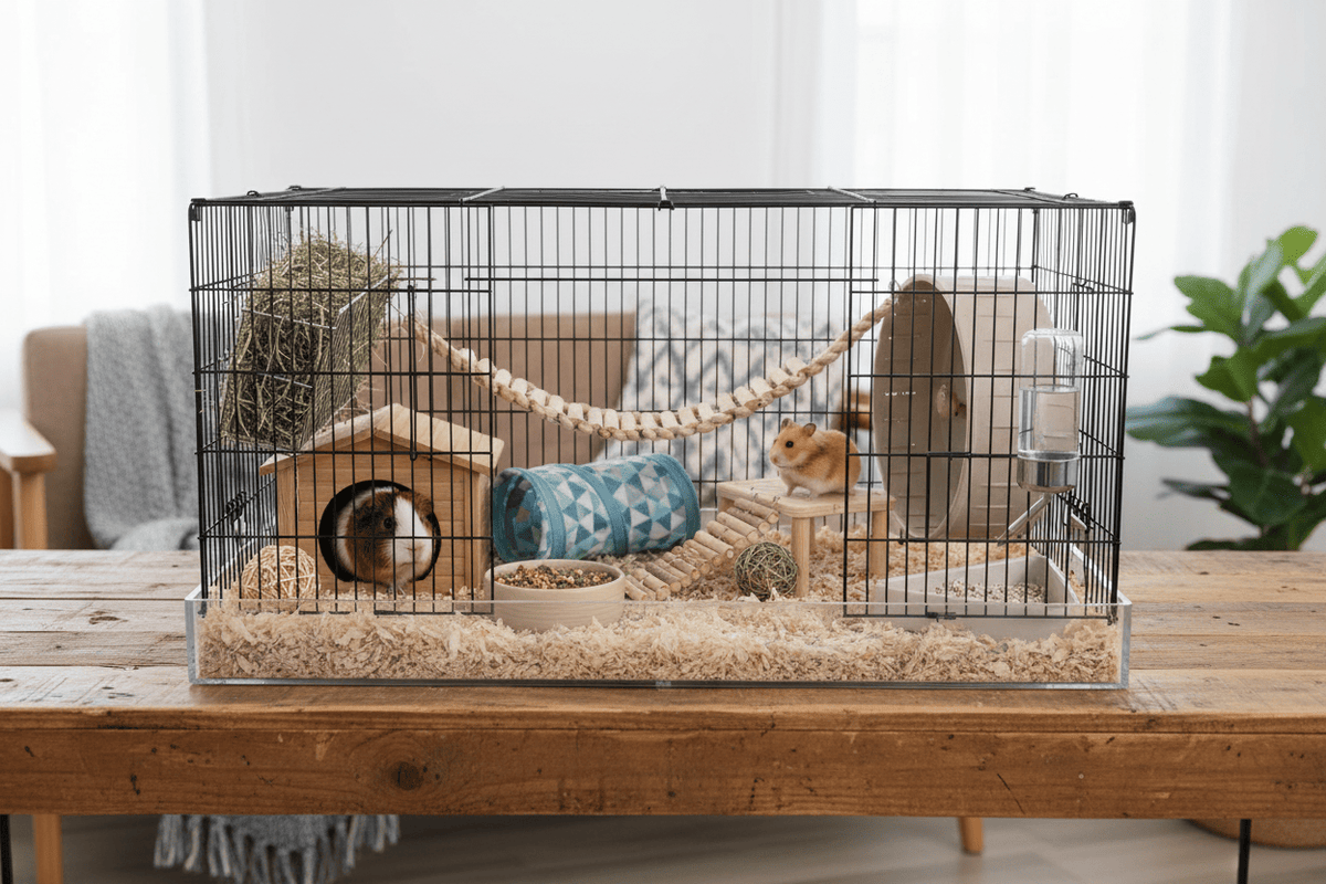 Small animal cage accessories including tunnels, hideouts, and toys for happy pets