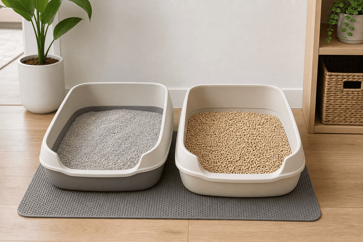 Two clean litter boxes with different cat litter types in a home setting.