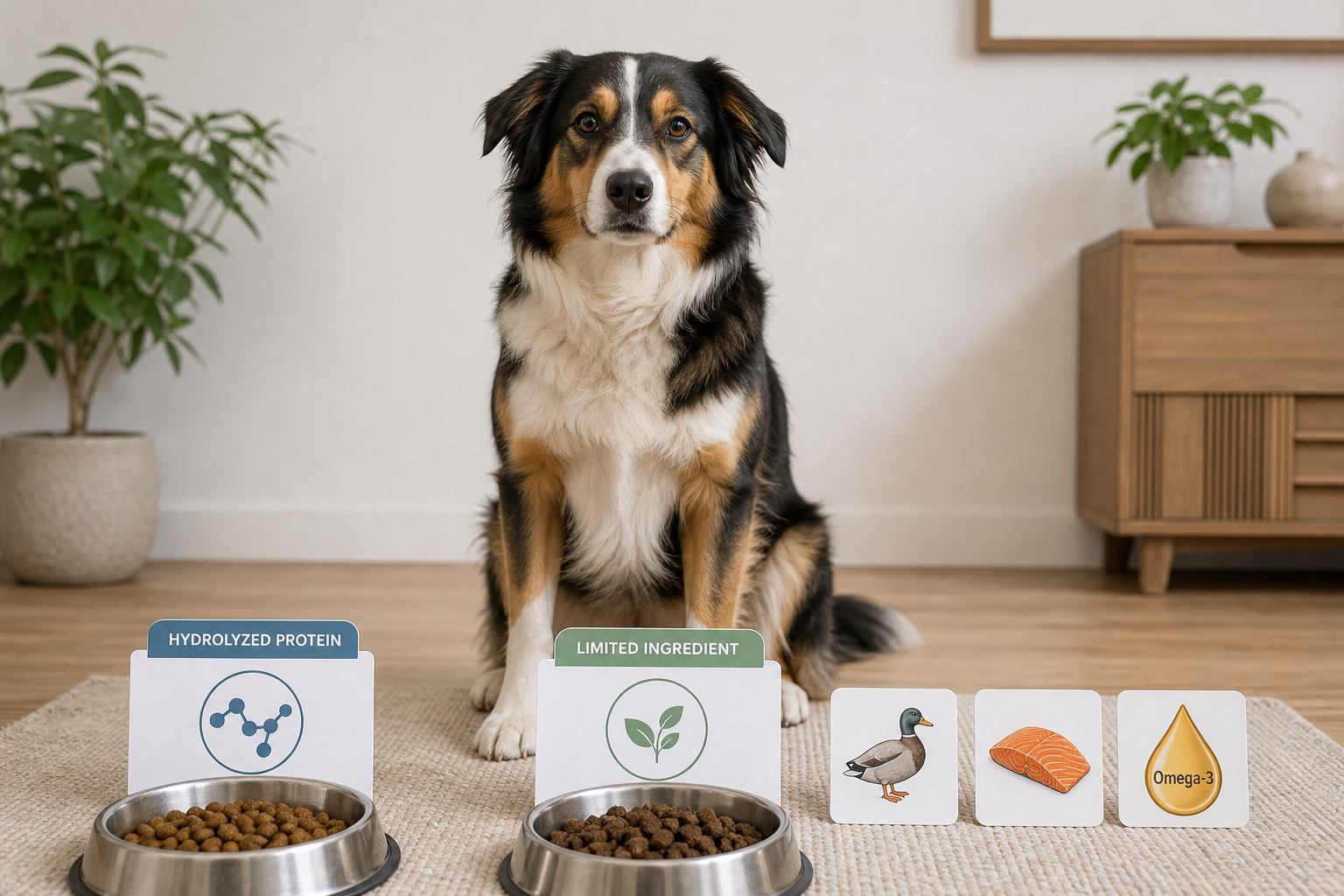 Dog sitting beside two bowls representing hydrolyzed protein and limited ingredient dog food options.