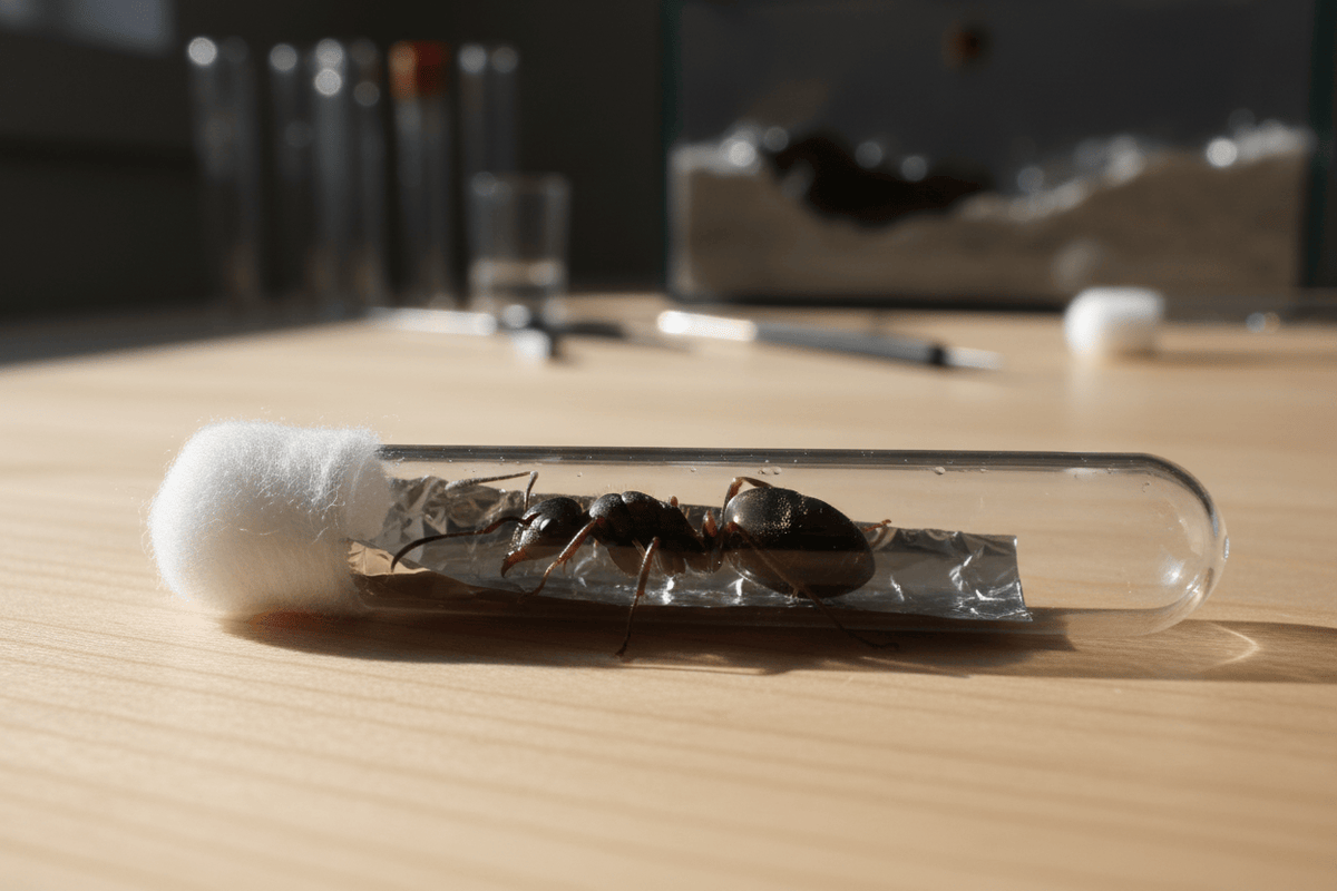 Ant queen for sale in a test tube setup, ideal for starting your own ant colony at home