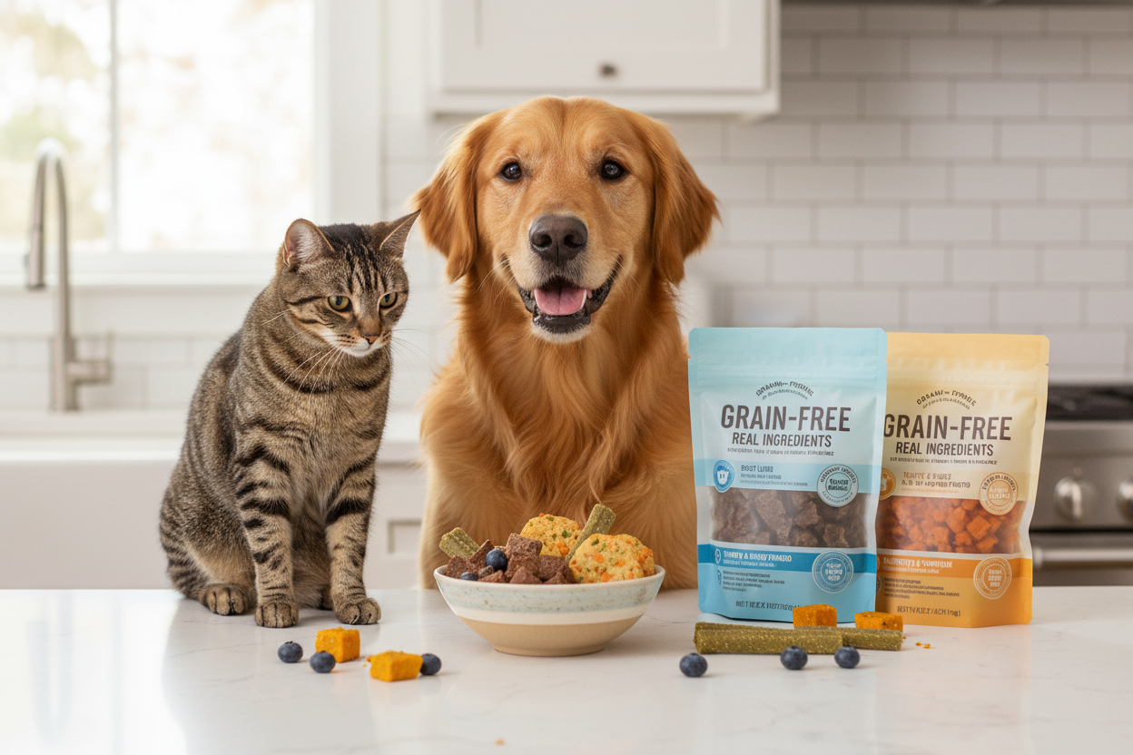 Happy dog and cat enjoying grain-free pet treats with natural ingredients in a bright kitchen setting