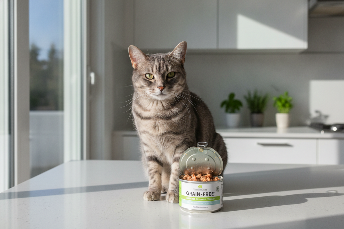 Tabby cat enjoying grain-free wet cat food on a kitchen counter for healthy feline nutrition