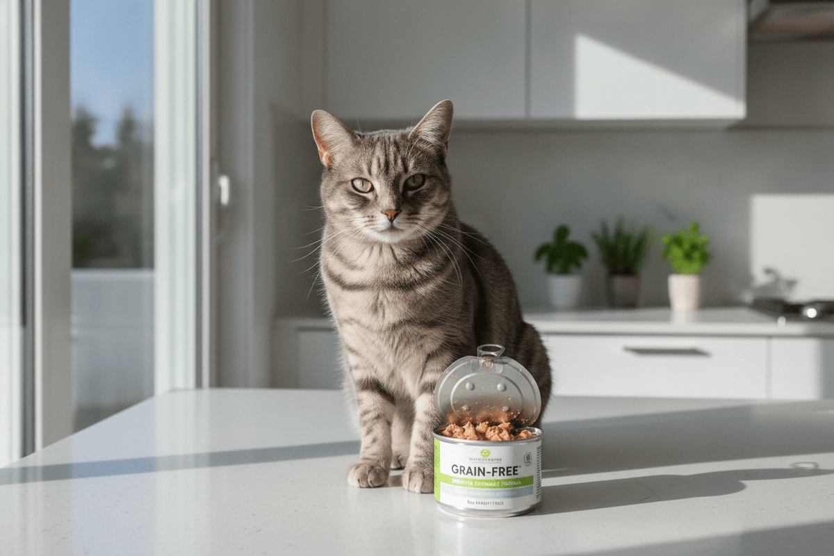Tabby cat enjoying grain-free wet cat food on a kitchen counter for healthy feline nutrition