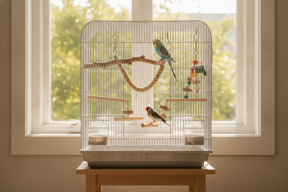 Colorful birds hop as light as bird from brier in a spacious large bird cage by a sunny window