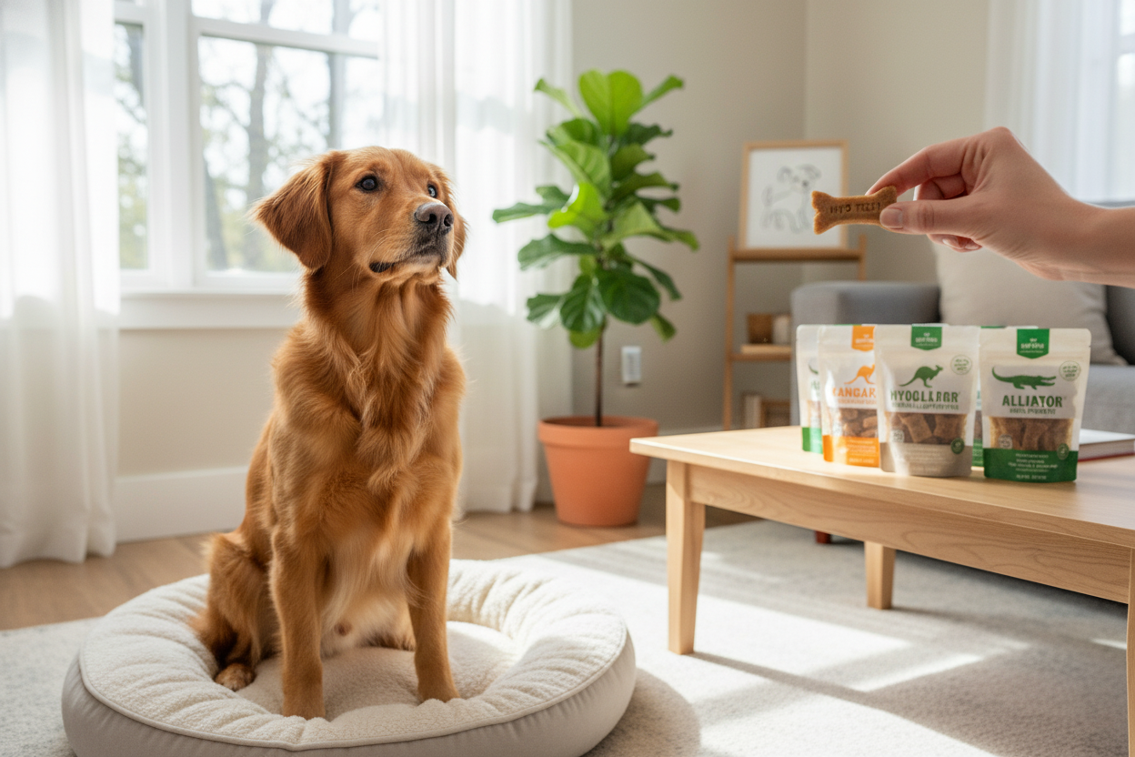Golden retriever waiting for hypoallergenic dog treats in a bright living room, promoting healthy snack options