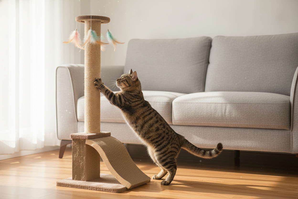 Tabby cat playing with an interactive cat scratching toy featuring hanging feathers in a cozy living room
