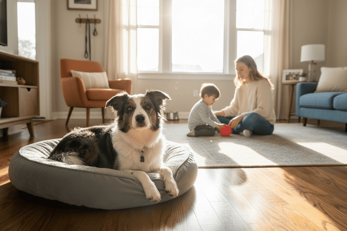 Family relaxing with a 30 40 pound dog breed in a cozy living room setting