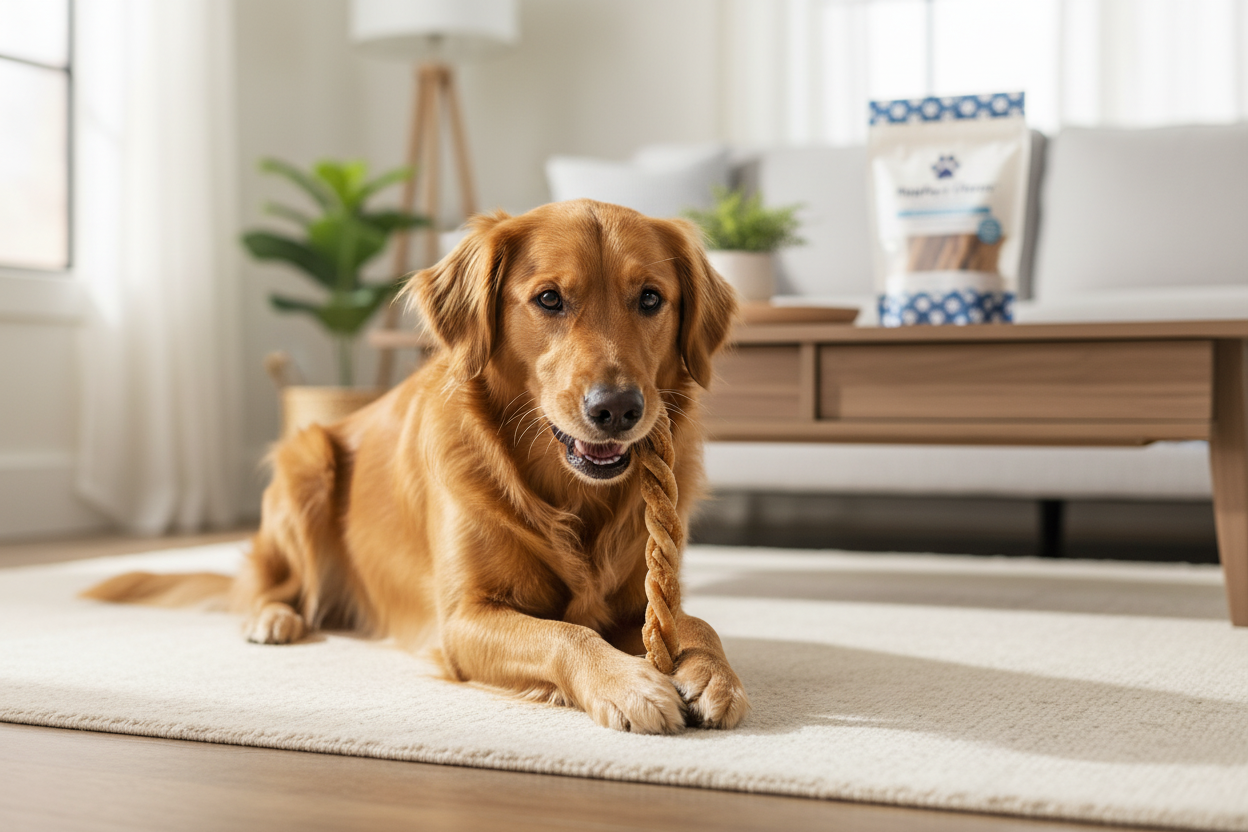 Golden retriever enjoying low odor bully sticks as a healthy dog treat in a cozy living room