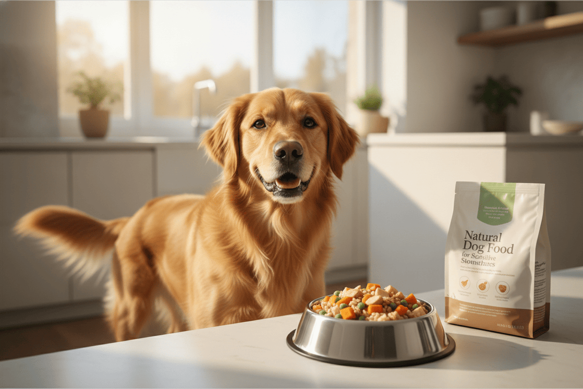 Happy golden retriever enjoying natural dog food for sensitive stomachs in a sunlit kitchen setting