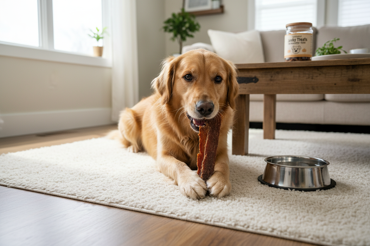 Golden retriever enjoying dog jerky treat highlighting dog jerky dental benefits for healthy teeth
