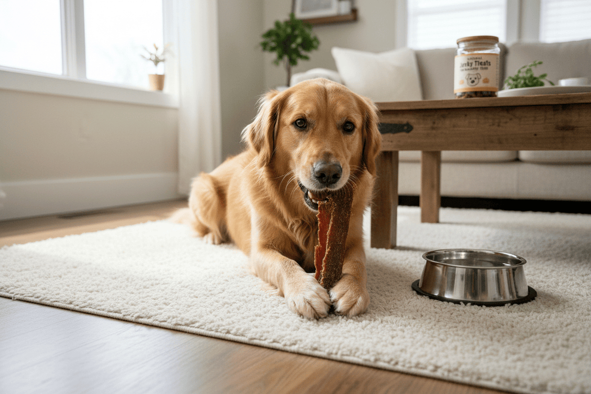 Golden retriever enjoying dog jerky treat highlighting dog jerky dental benefits for healthy teeth