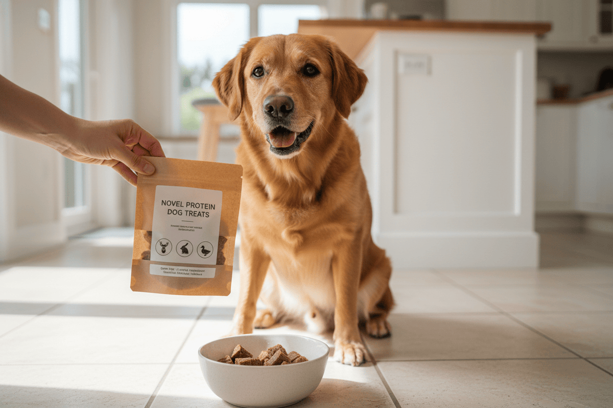 Happy dog waiting for novel protein dog treats in a kitchen, showcasing healthy snack options