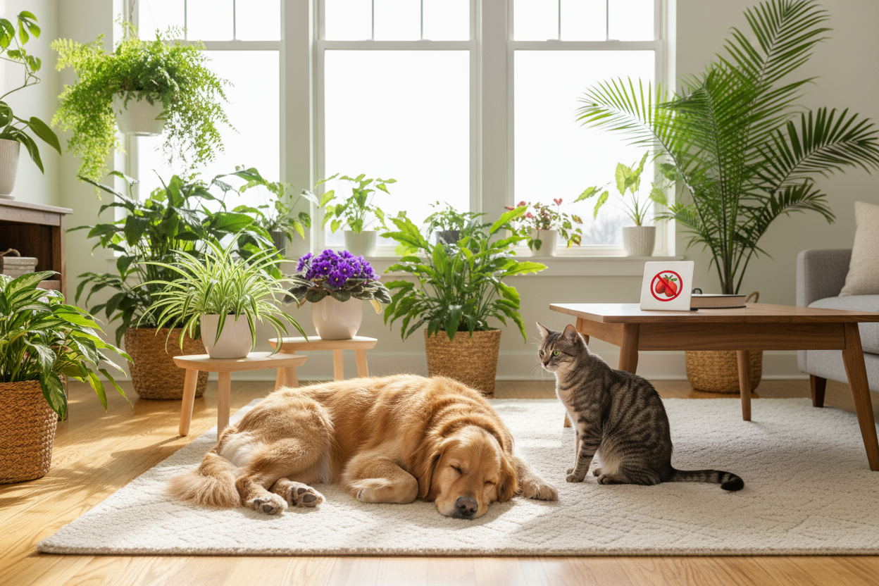 Dog and cat relaxing in a bright living room surrounded by plants, highlighting akee safety for pets