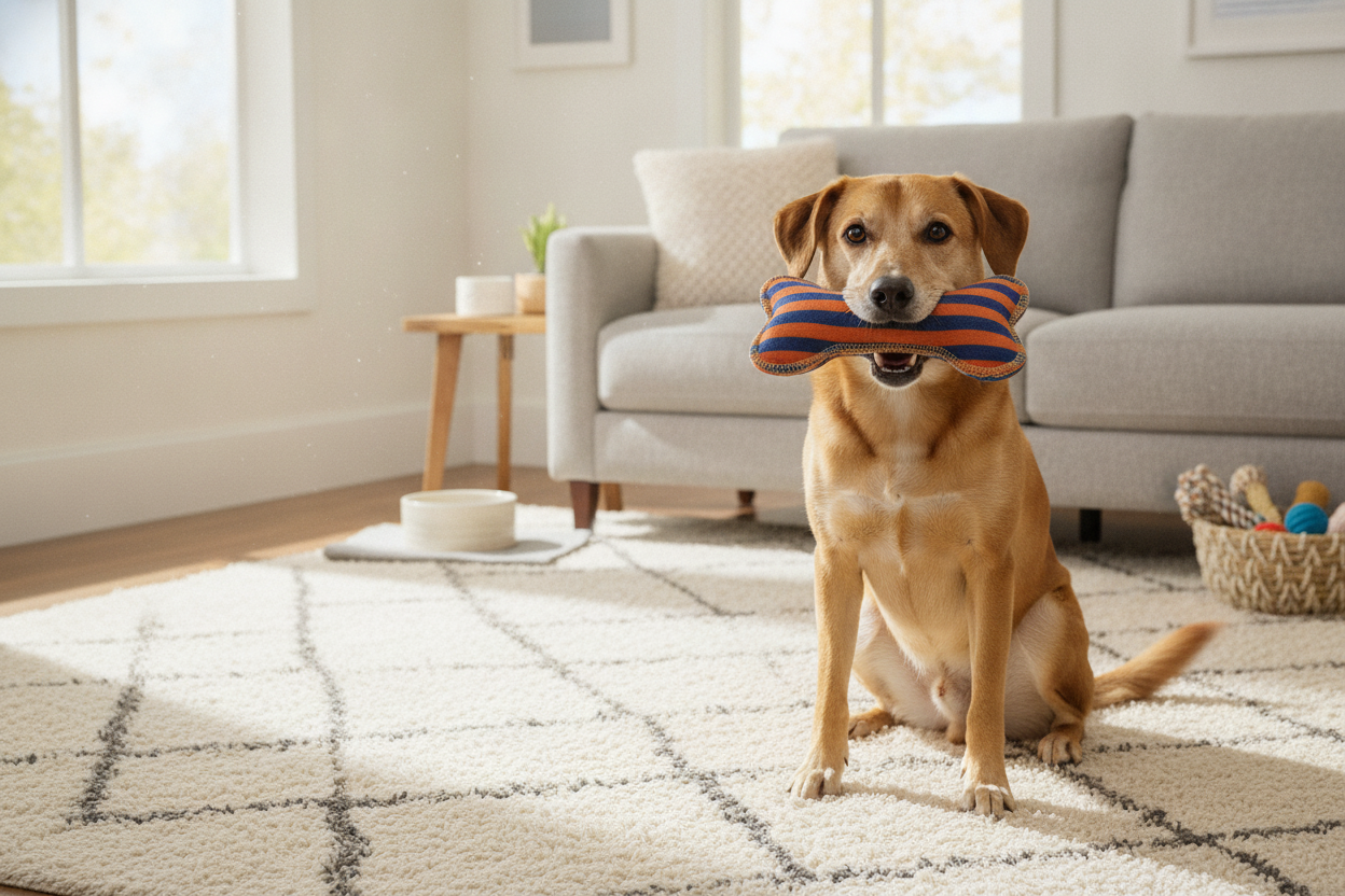 Happy dog playing with durable plush dog toys for chewers in a cozy living room setting
