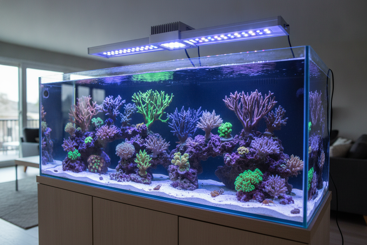 Vibrant corals illuminated by reef aquarium LED lighting for optimal marine tank health and color