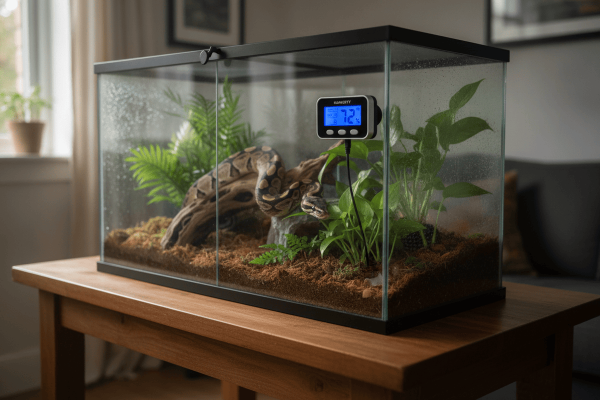 Reptile humidity probe monitors tank moisture for healthy snake habitat and optimal reptile care