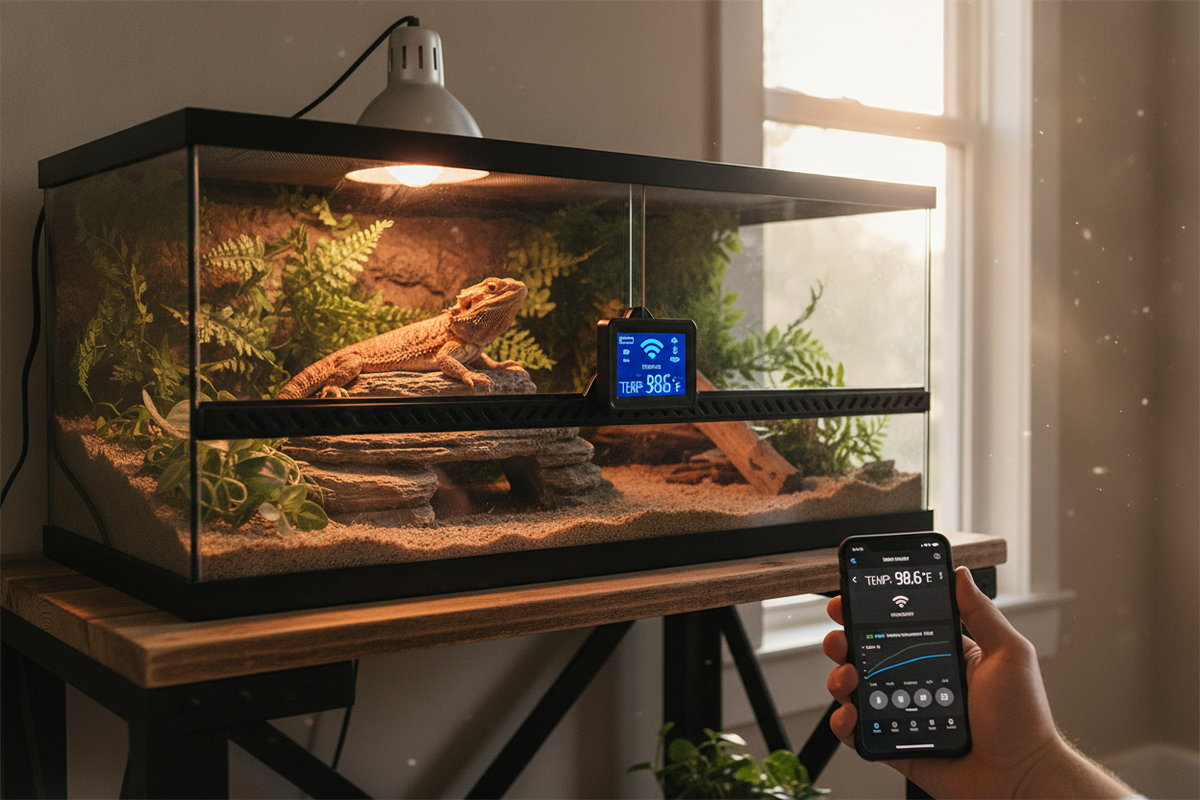Monitor reptile thermostat WiFi control remotely for precise terrarium temperature management and reptile comfort