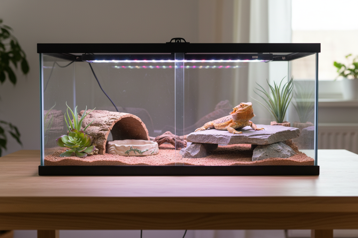 Bearded dragon basking under UVB light in a terrarium for a reptile UVB lighting guide