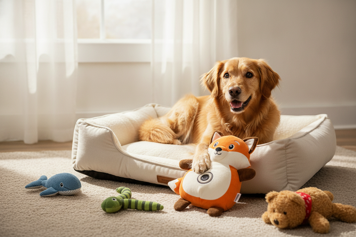 Golden retriever relaxing with squeaky plush dog toys for interactive play and comfort at home