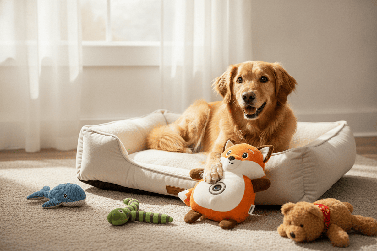 Golden retriever relaxing with squeaky plush dog toys for interactive play and comfort at home