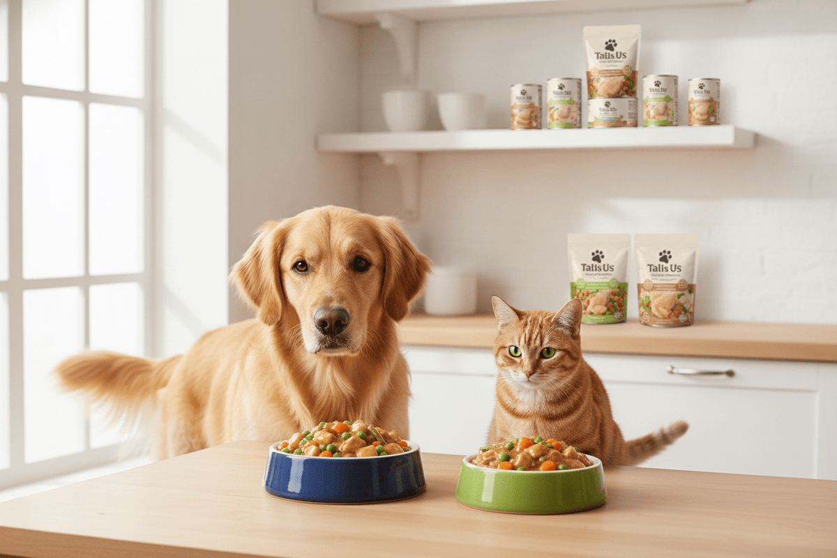 Dog and cat enjoying nutritious Tails Us wet food with Tails Us pet products on kitchen shelves