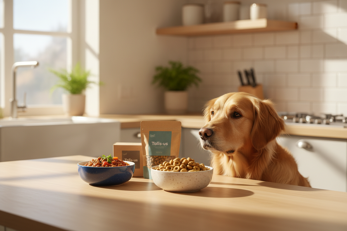 Golden retriever in kitchen with Talis-us dog food and treats, highlighting quality pet nutrition options