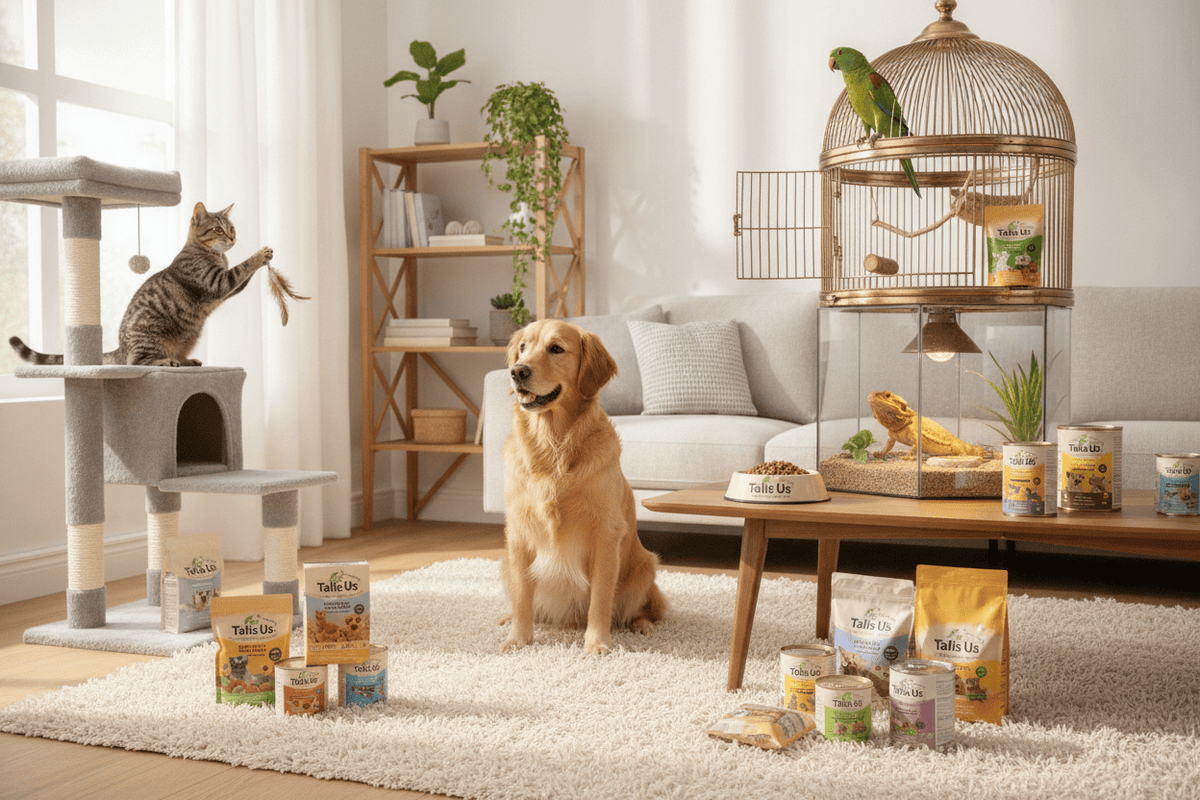 Tails Us pet products for dogs, cats, birds, and reptiles displayed in a cozy living room setting