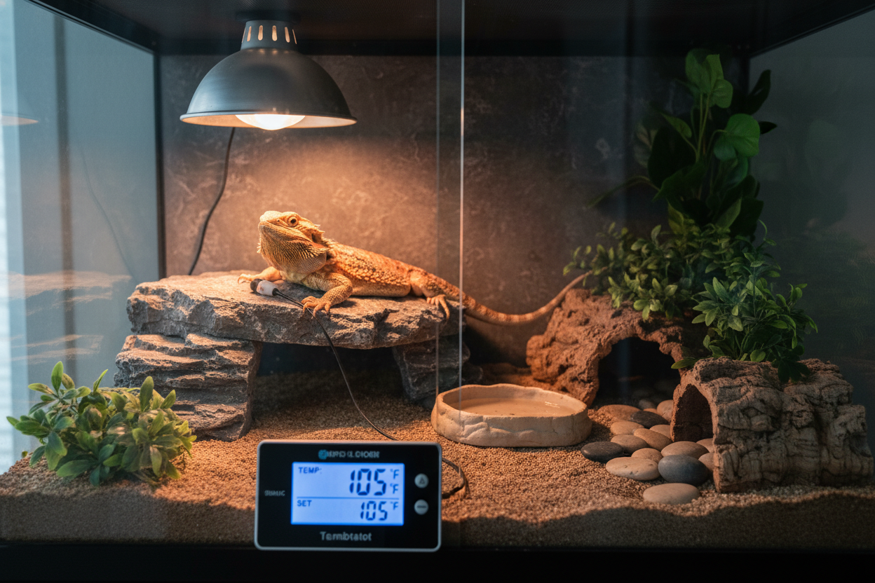 Reptile thermostat setup in a bearded dragon enclosure showing proper heat lamp placement and temperature control
