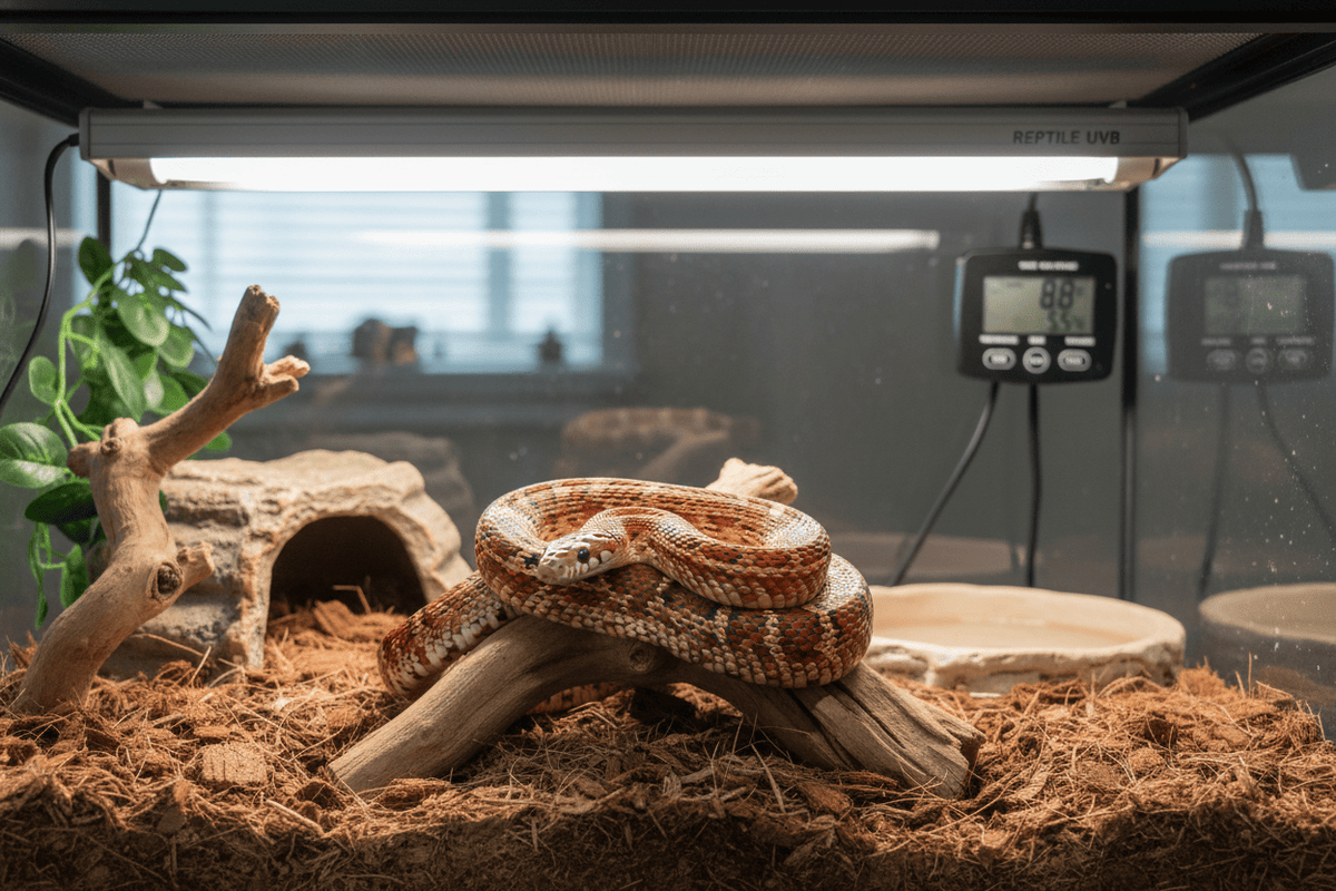 Corn snake basking under reptile UVB lighting in a naturalistic terrarium setup for healthy care