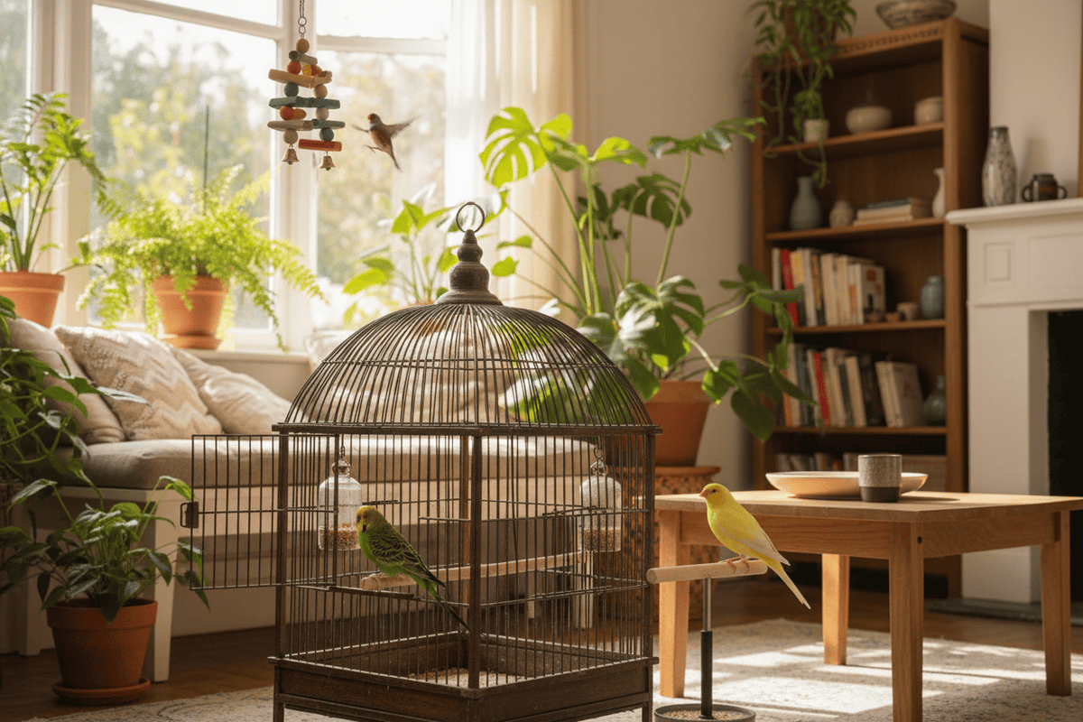 Free bird enjoying a sunlit living room with a large bird cage and playful pet toys