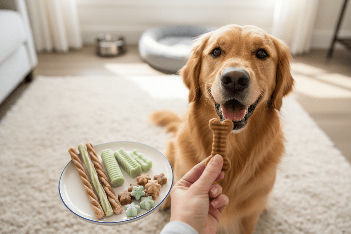 Golden retriever waiting for best dog treats for dental health to support a clean, happy smile