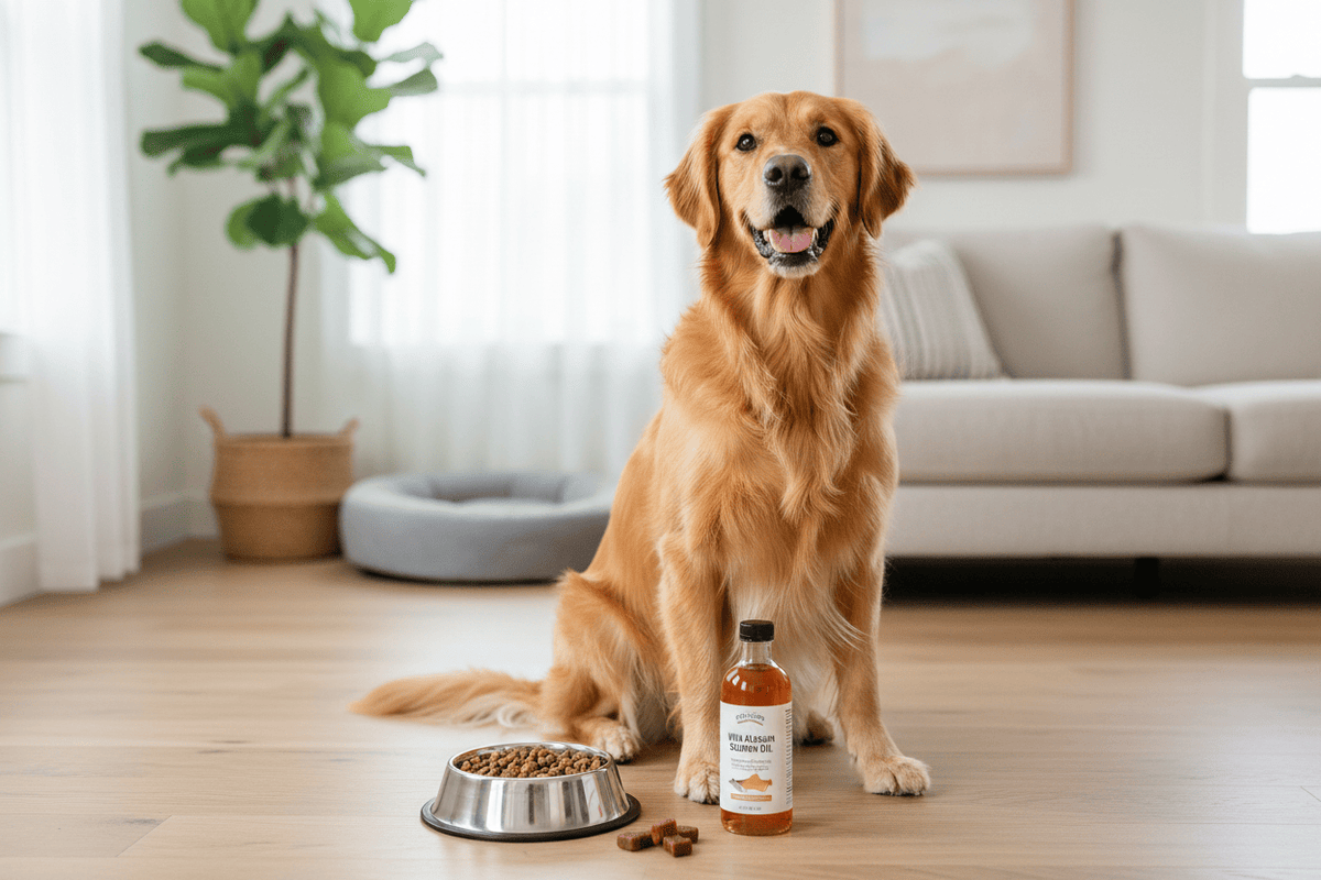 Happy dog with food bowl and salmon oil highlighting omega-3 benefits for dogs’ health and wellness