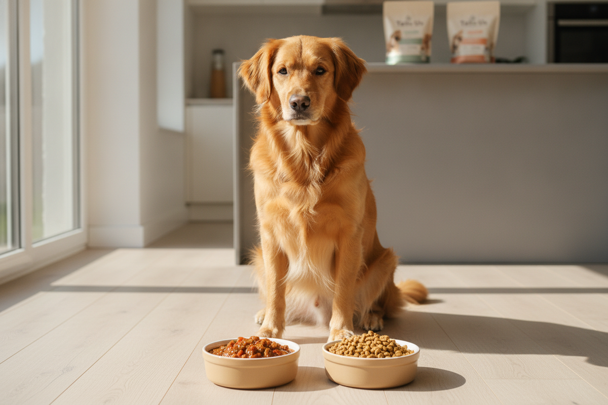 Golden retriever sitting by bowls of wet and dry dog food showcasing product choices for pets