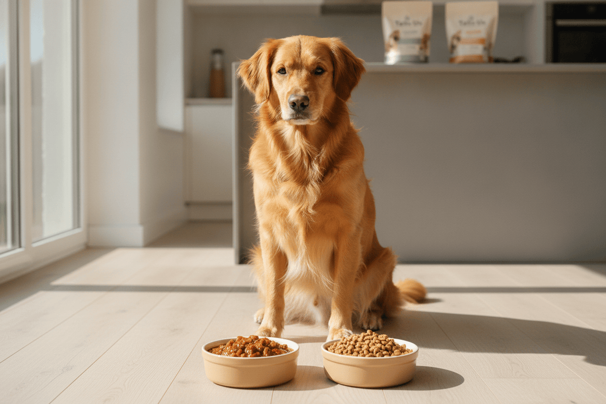 Golden retriever sitting by bowls of wet and dry dog food showcasing product choices for pets