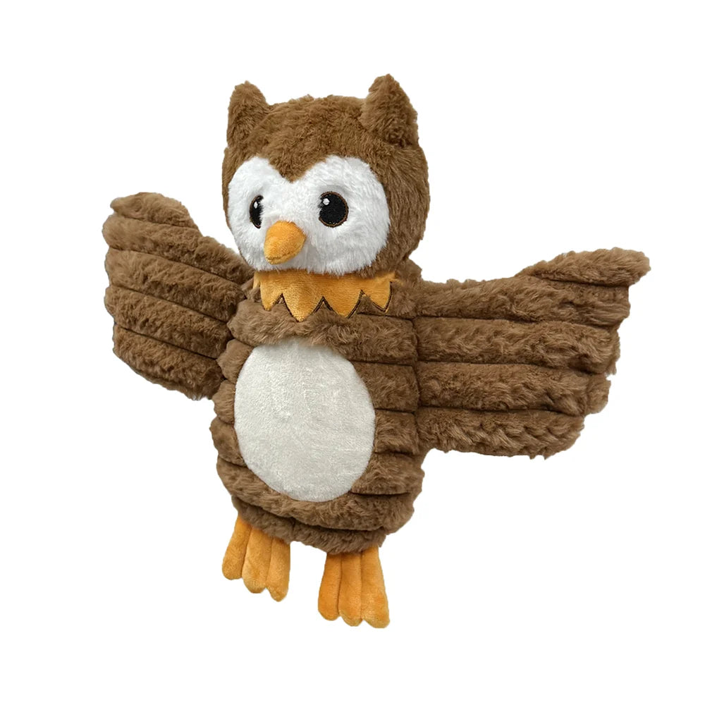 Petlou Zoo Friends Owl Squeaky Plush Dog Toy, brown and white, front view.