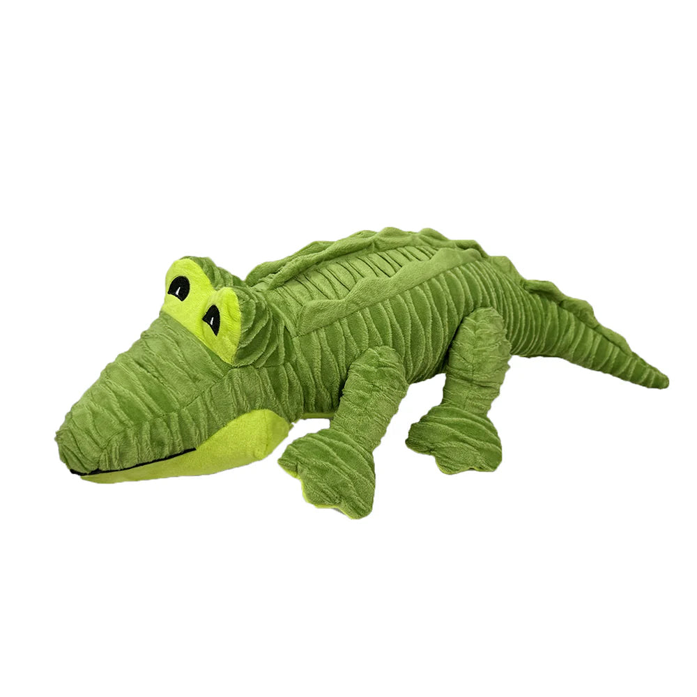 Plush green alligator dog toy with textured surface, ideal for pet playtime
