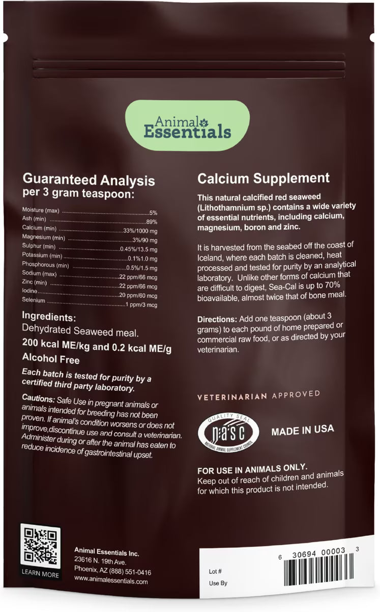 Calcium supplement by Animal Essentials in a dark brown bag with nutritional information.