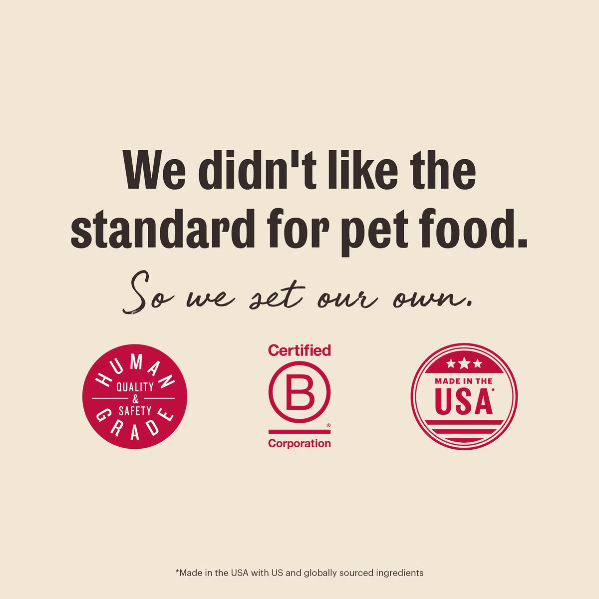 Text about pet food standards with Human Grade, Certified B Corp, and Made in the USA logos.